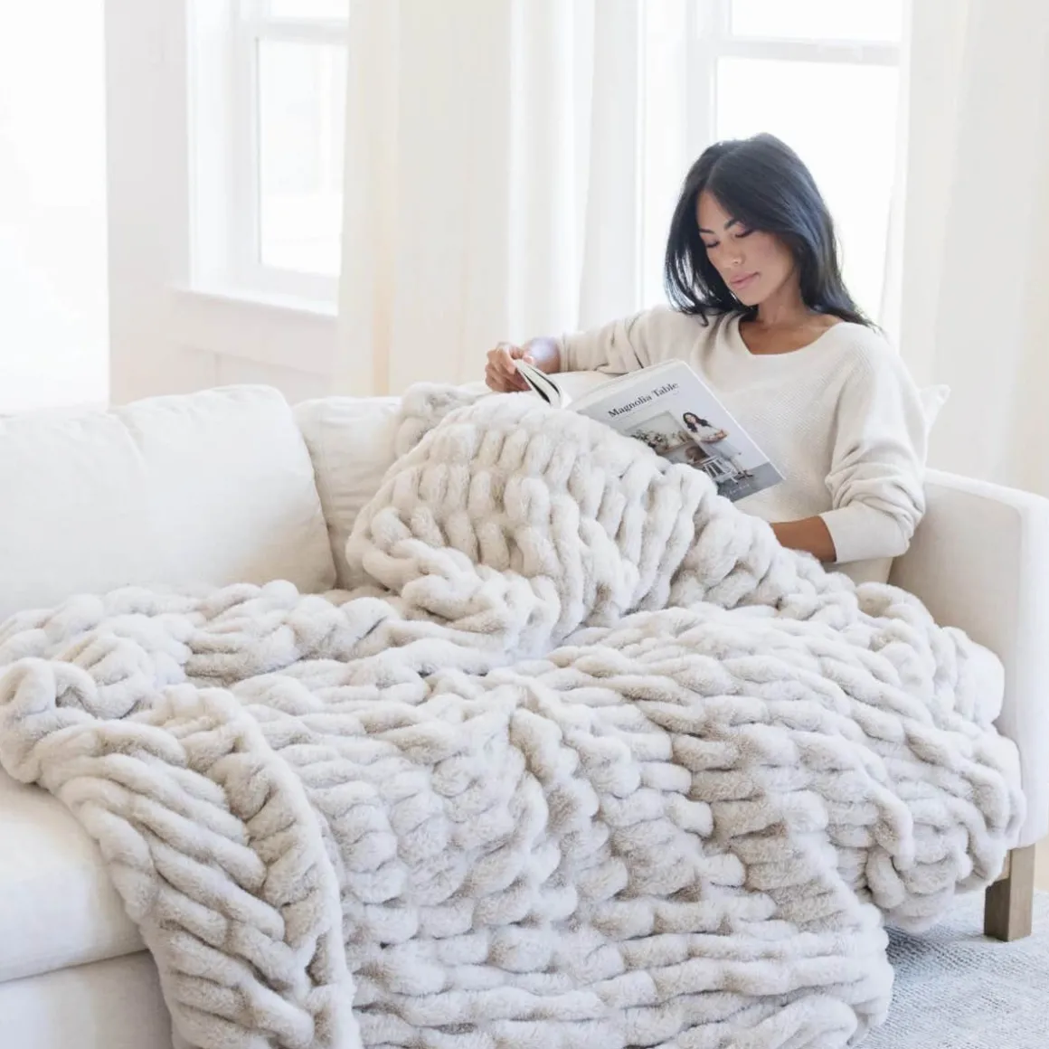 Double Ruched Faux Fur Throw