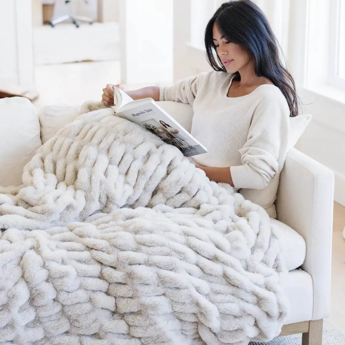 Double Ruched Faux Fur Throw